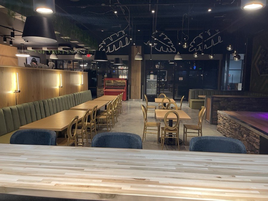 Commercial interior with dining and service areas